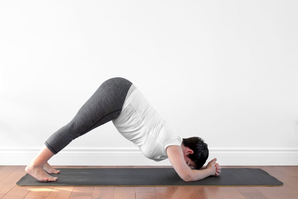 Dolphin pose on the forearms, prenatal yoga for upper-body strength